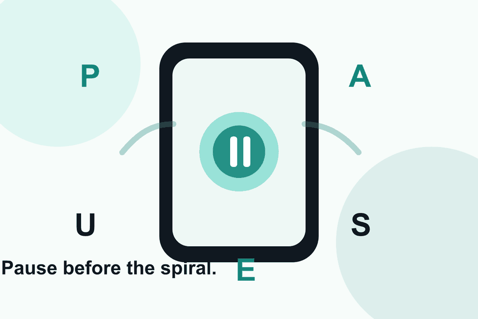 A quiet phone on a table with the word PAUSE arranged around it.